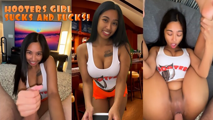 Amatørpar Nyder En Varm Oplevelse Med En Barmfagre Hooters-Servitrice